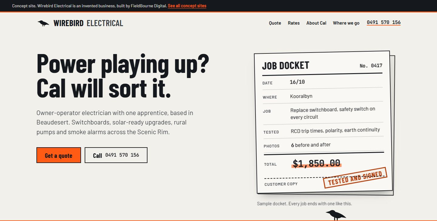 The first screen of the Wirebird Electrical concept site